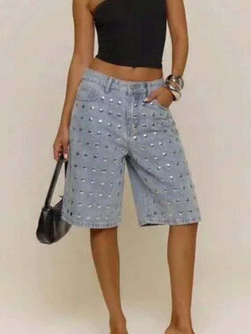 Blue Casual Women's Studded Loose Low Rise Wide Leg Bermuda Shorts